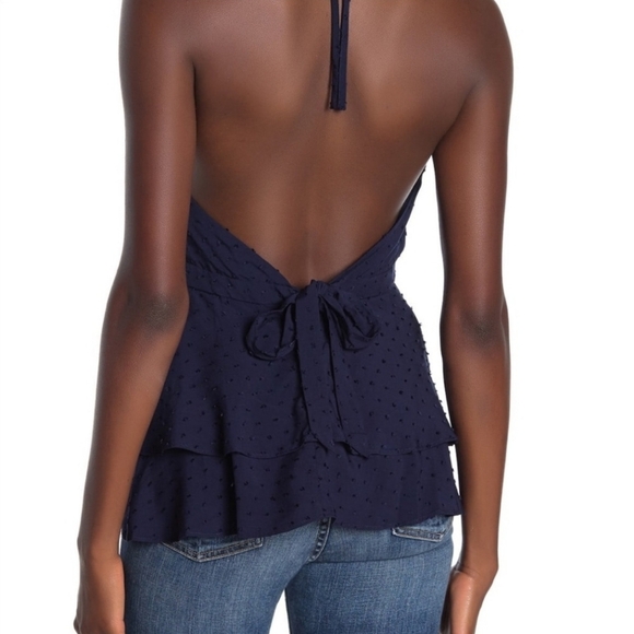 PARKER Navy Keyhole Swiss Dot Peplum Halter Top - Large - Picture 1 of 6